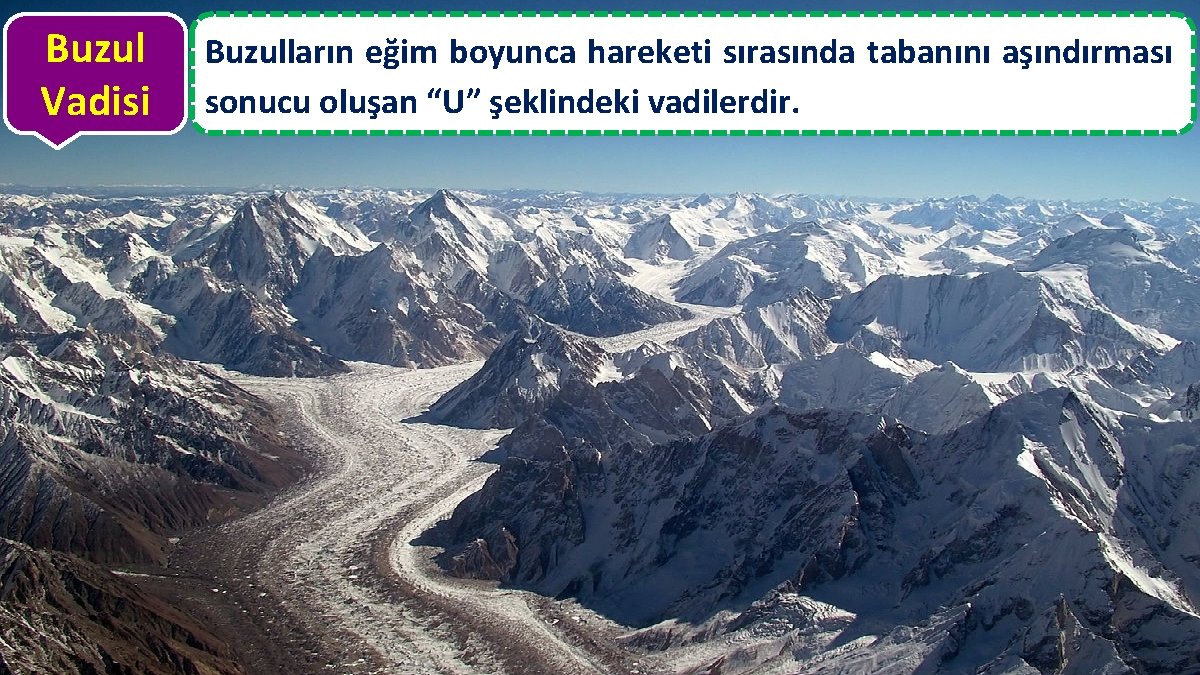 Buzul Vadisi Buzulların eğim boyunca hareketi sırasında tabanını aşındırması sonucu oluşan “U” şeklindeki vadilerdir.