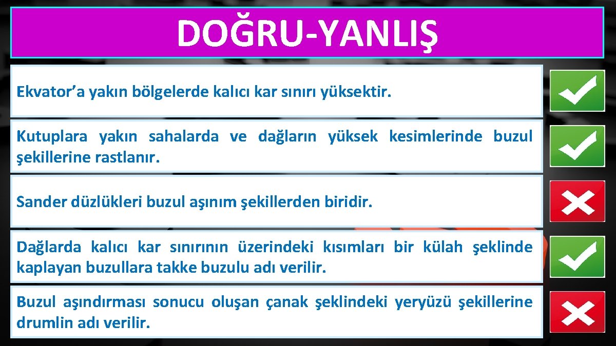 DOĞRU-YANLIŞ Ekvator’a yakın bölgelerde kalıcı kar sınırı yüksektir. Kutuplara yakın sahalarda ve dağların yüksek