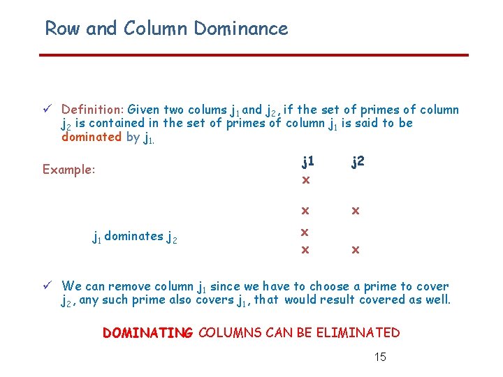 Row and Column Dominance Definition: Given two colums j 1 and j 2, if