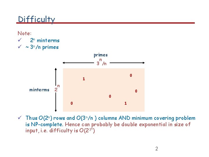 Difficulty Note: Can be 2 n minterms ~ 3 n/n primes n 3 /n