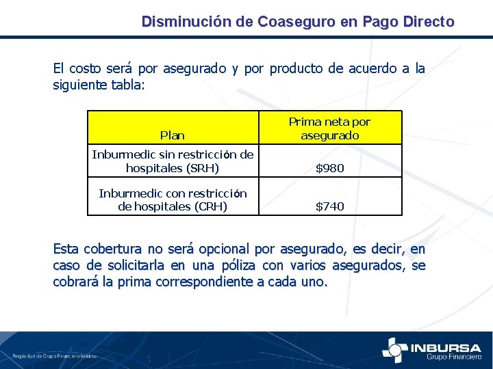 Disminución de Coaseguro en Pago Directo El costo será por asegurado y por producto