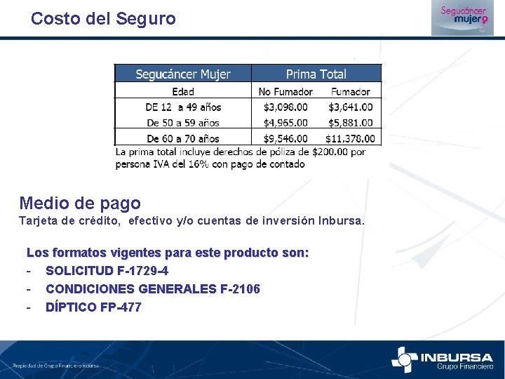 Costo del Seguro Medio de pago Tarjeta de crédito, efectivo y/o cuentas de inversión