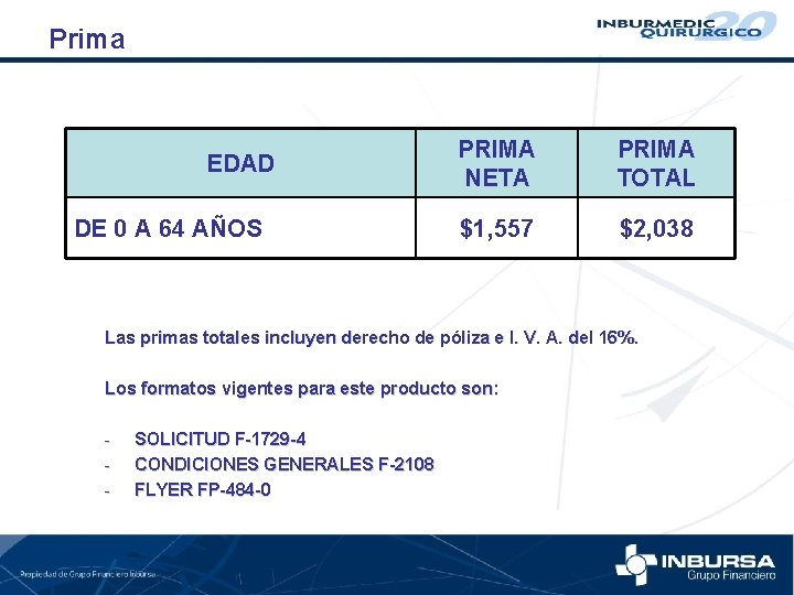 Prima EDAD DE 0 A 64 AÑOS PRIMA NETA PRIMA TOTAL $1, 557 $2,