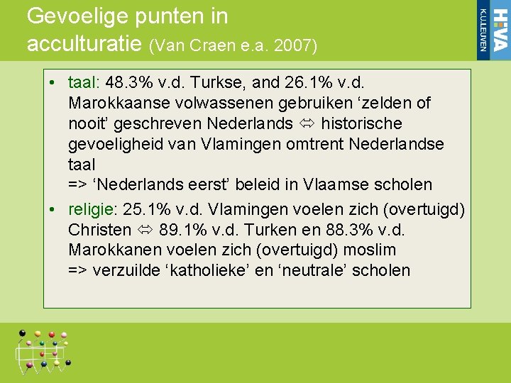 Gevoelige punten in acculturatie (Van Craen e. a. 2007) • taal: 48. 3% v.