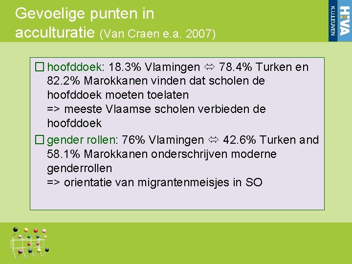 Gevoelige punten in acculturatie (Van Craen e. a. 2007) � hoofddoek: 18. 3% Vlamingen