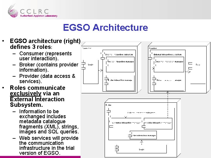 EGSO Architecture • EGSO architecture (right) defines 3 roles: – Consumer (represents user interaction).