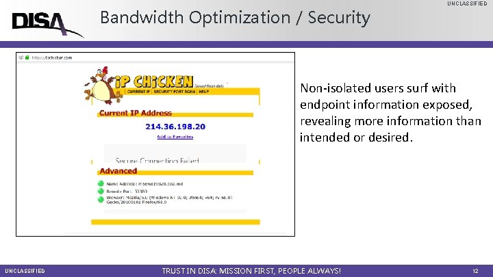 Bandwidth Optimization / Security UNCLASSIFIED Non-isolated users surf with endpoint information exposed, revealing more
