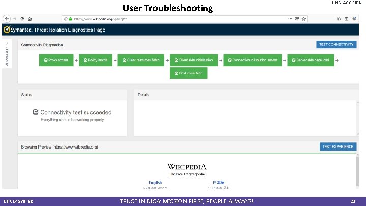 User Troubleshooting UNCLASSIFIED TRUST IN DISA: MISSION FIRST, PEOPLE ALWAYS! UNCLASSIFIED 20 