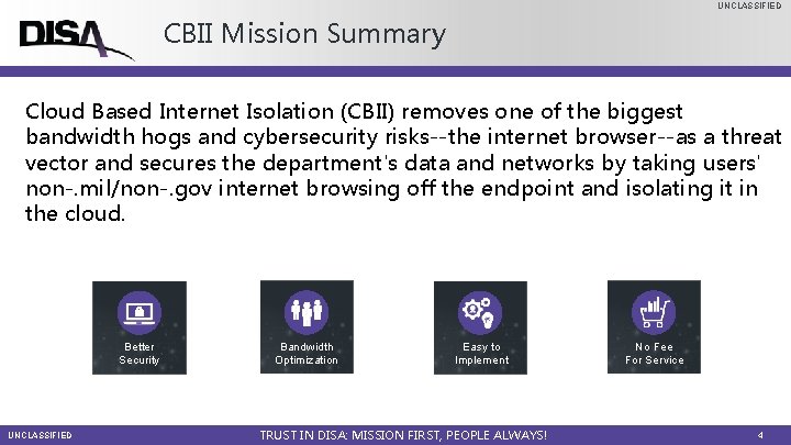 UNCLASSIFIED CBII Mission Summary Cloud Based Internet Isolation (CBII) removes one of the biggest
