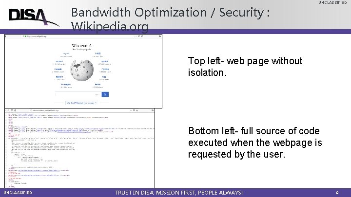 Bandwidth Optimization / Security : Wikipedia. org UNCLASSIFIED Top left- web page without isolation.
