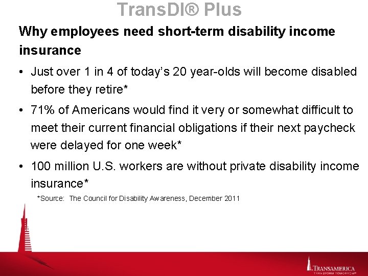 Trans. DI® Plus Why employees need short-term disability income insurance • Just over 1