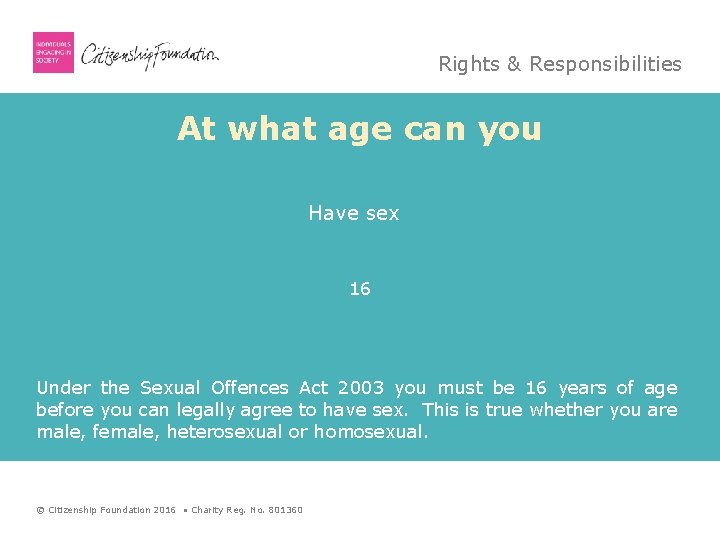 Rights & Responsibilities At what age can you Have sex 16 Under the Sexual