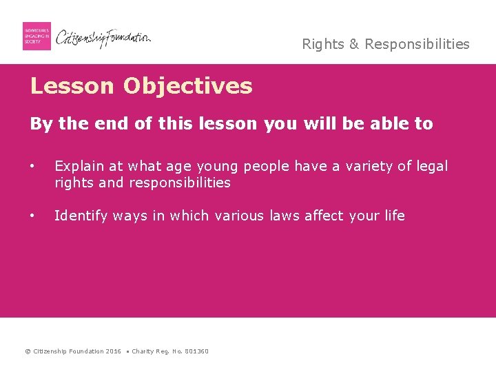 Rights & Responsibilities Lesson Objectives By the end of this lesson you will be