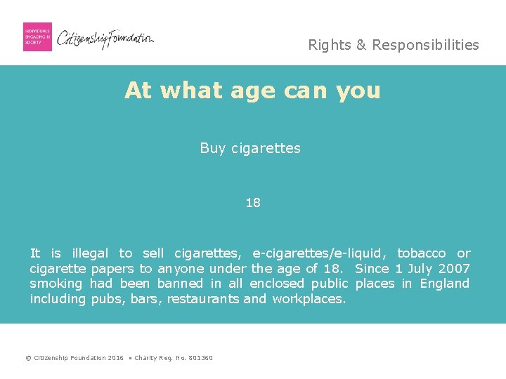 Rights & Responsibilities At what age can you Buy cigarettes 18 It is illegal