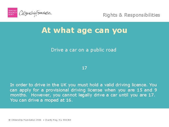 Rights & Responsibilities At what age can you Drive a car on a public