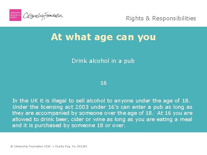 Rights & Responsibilities At what age can you Drink alcohol in a pub 16