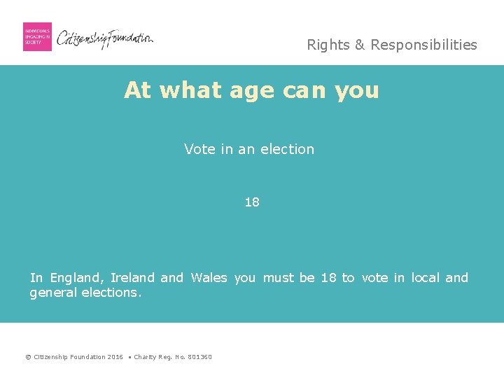 Rights & Responsibilities At what age can you Vote in an election 18 In