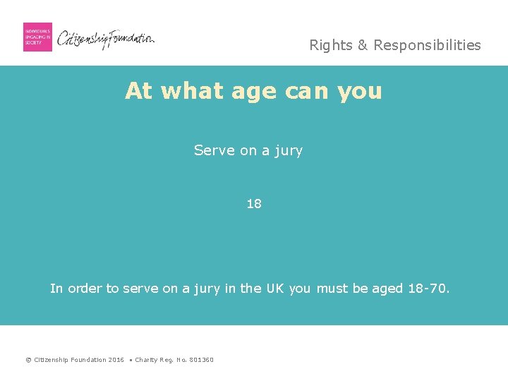 Rights & Responsibilities At what age can you Serve on a jury 18 In