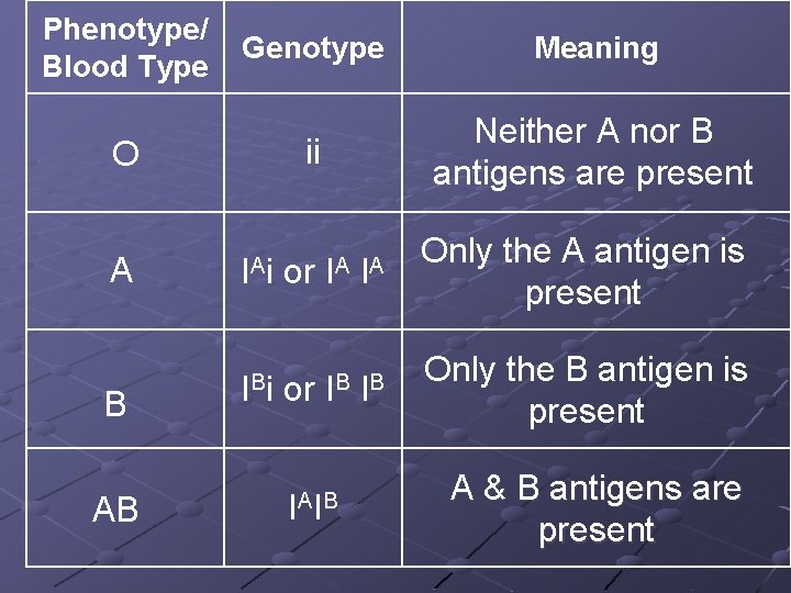 Phenotype/ Blood Type Genotype Meaning ii Neither A nor B antigens are present O