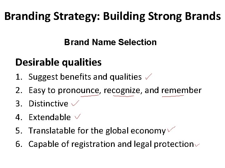 Branding Strategy: Building Strong Brands Brand Name Selection Desirable qualities 1. 2. 3. 4.
