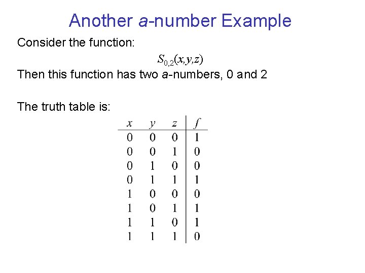 Another a-number Example Consider the function: S 0, 2(x, y, z) Then this function