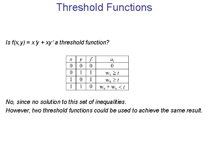 Threshold Functions Is f(x, y) = x y + xy a threshold function? No,