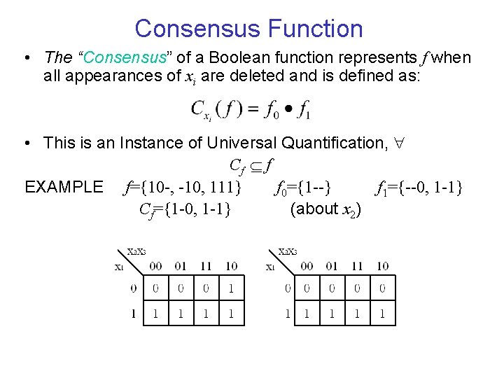 Consensus Function • The “Consensus” of a Boolean function represents f when all appearances