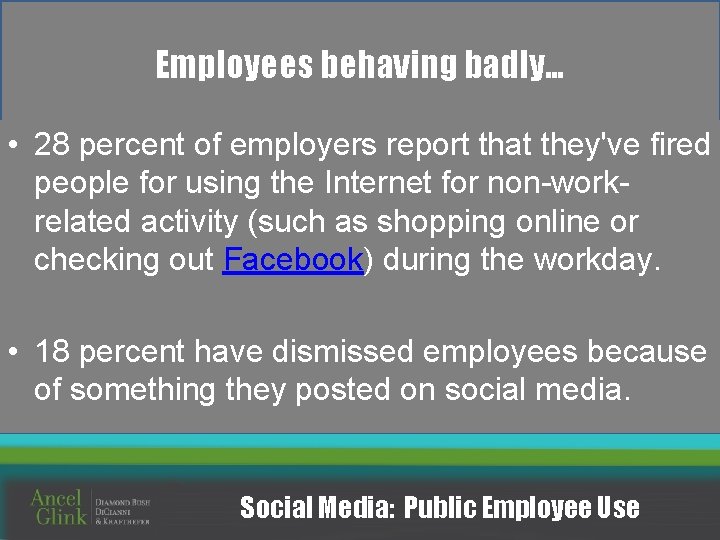 Employees behaving badly… • 28 percent of employers report that they've fired people for