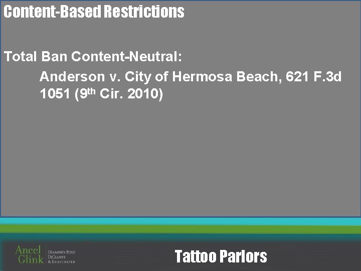 Content-Based Restrictions Total Ban Content-Neutral: Anderson v. City of Hermosa Beach, 621 F. 3