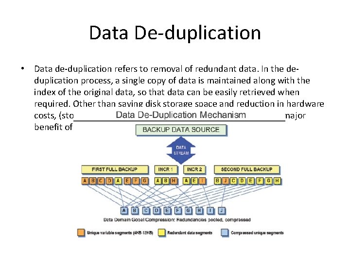 Data De-duplication • Data de-duplication refers to removal of redundant data. In the deduplication