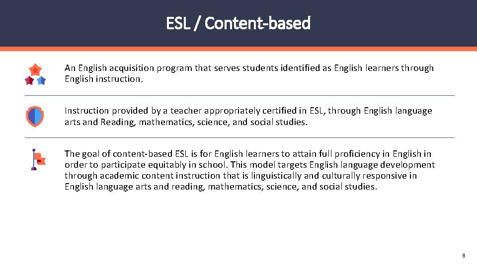 ESL / Content-based An English acquisition program that serves students identified as English learners