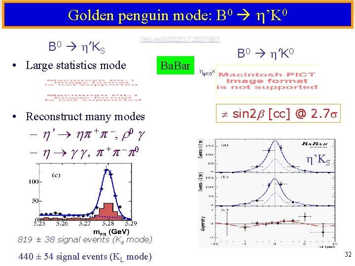 Golden penguin mode: B 0 ’K 0 B 0 ’KS hep-ex/0502017, 0507087 • Large