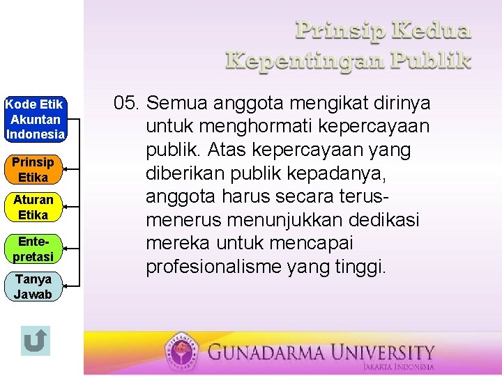 Kode Etik Akuntan Indonesia Prinsip Etika Aturan Etika Entepretasi Tanya Jawab 05. Semua anggota