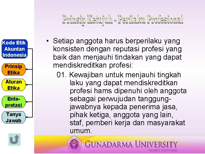 Kode Etik Akuntan Indonesia Prinsip Etika Aturan Etika Entepretasi Tanya Jawab • Setiap anggota