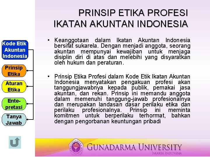 PRINSIP ETl. KA PROFESI IKATAN AKUNTAN INDONESIA Kode Etik Akuntan Indonesia Prinsip Etika Aturan