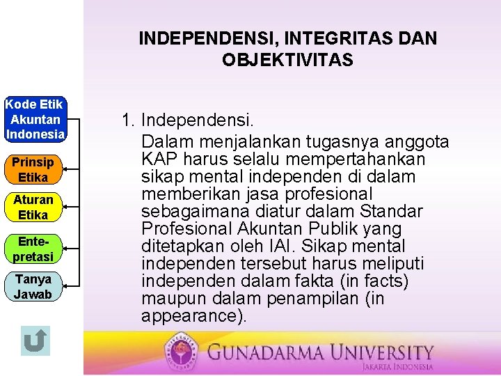 INDEPENDENSI, INTEGRITAS DAN OBJEKTIVITAS Kode Etik Akuntan Indonesia Prinsip Etika Aturan Etika Entepretasi Tanya