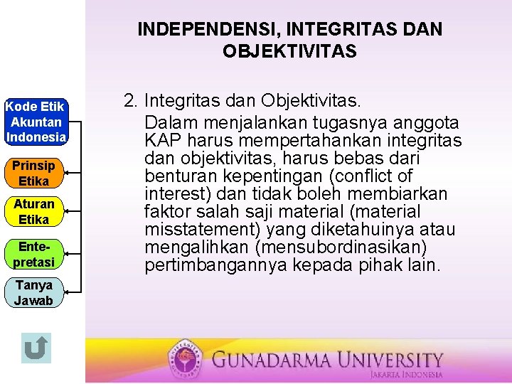 INDEPENDENSI, INTEGRITAS DAN OBJEKTIVITAS Kode Etik Akuntan Indonesia Prinsip Etika Aturan Etika Entepretasi Tanya