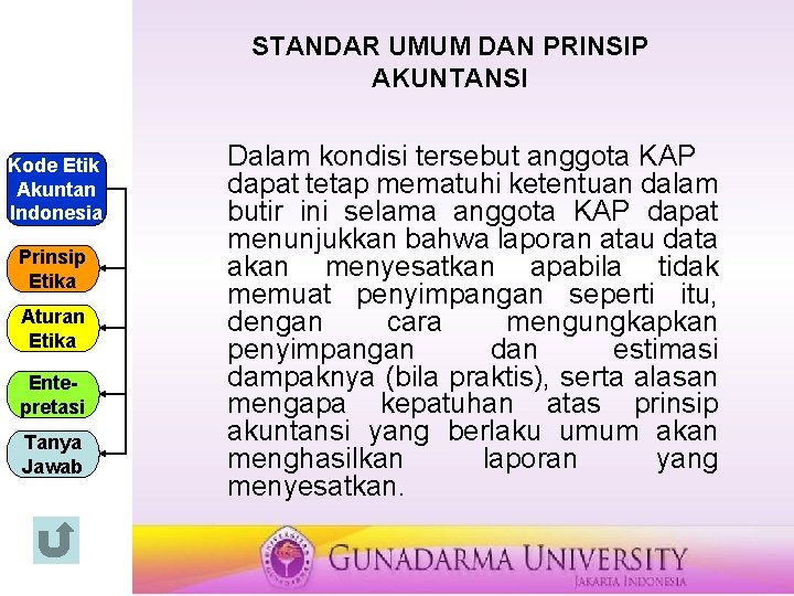 STANDAR UMUM DAN PRINSIP AKUNTANSI Kode Etik Akuntan Indonesia Prinsip Etika Aturan Etika Entepretasi