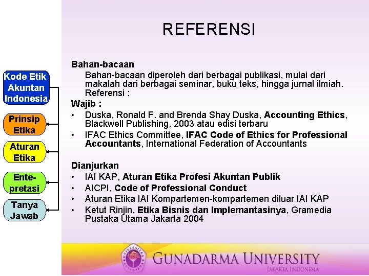 REFERENSI Kode Etik Akuntan Indonesia Prinsip Etika Aturan Etika Entepretasi Tanya Jawab Bahan-bacaan diperoleh