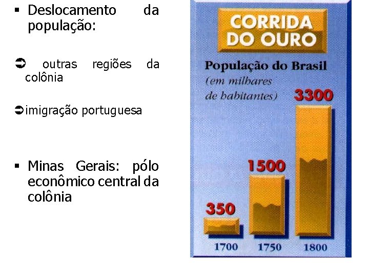 § Deslocamento população: da Ü da outras colônia regiões Üimigração portuguesa § Minas Gerais: