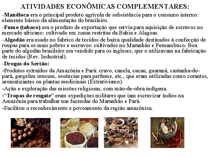 ATIVIDADES ECONÔMICAS COMPLEMENTARES: -Mandioca era o principal produto agrícola de subsistência para o consumo