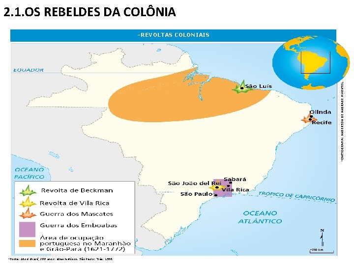 2. 1. OS REBELDES DA COLÔNIA –CARTOGRAFIA: ANDERSON DE ANDRADE PIMENTEL –REVOLTAS COLONIAIS –