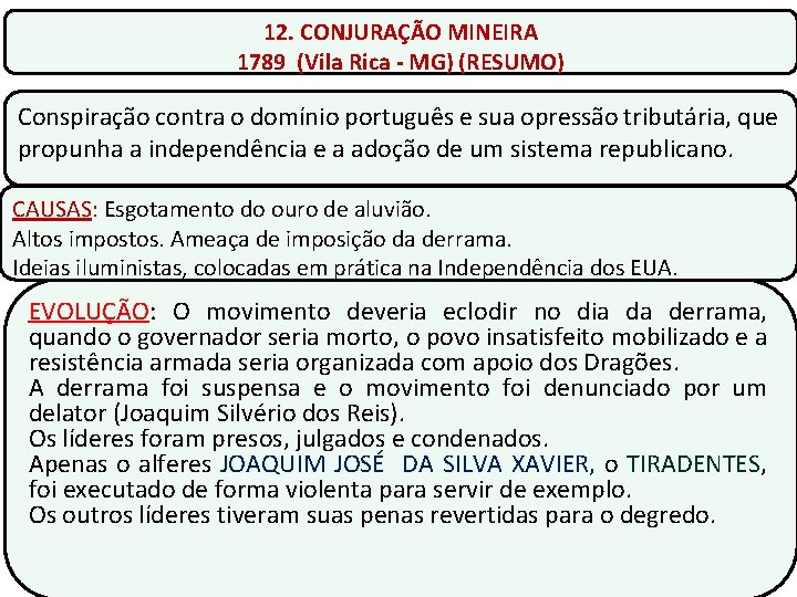 12. CONJURAÇÃO MINEIRA 1789 (Vila Rica - MG) (RESUMO) Conspiração contra o domínio português