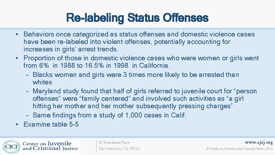 Re-labeling Status Offenses • Behaviors once categorized as status offenses and domestic violence cases