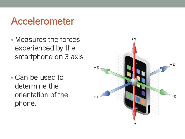 Accelerometer • Measures the forces experienced by the smartphone on 3 axis. • Can