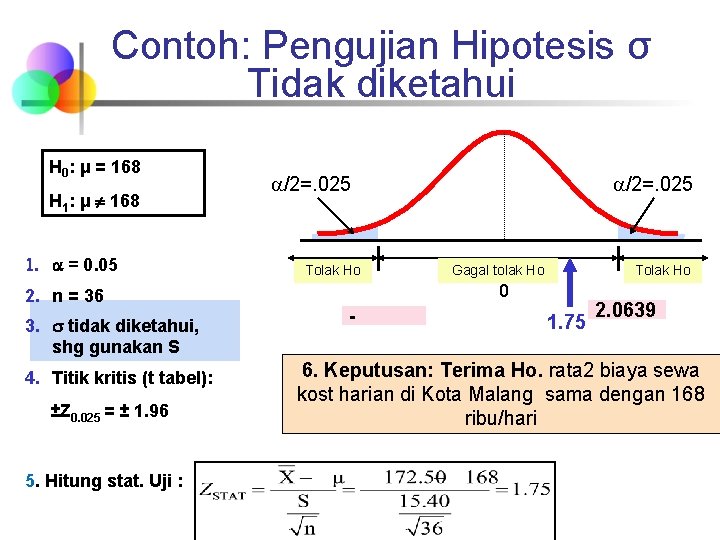 Contoh: Pengujian Hipotesis σ Tidak diketahui H 0: μ = 168 H 1: μ