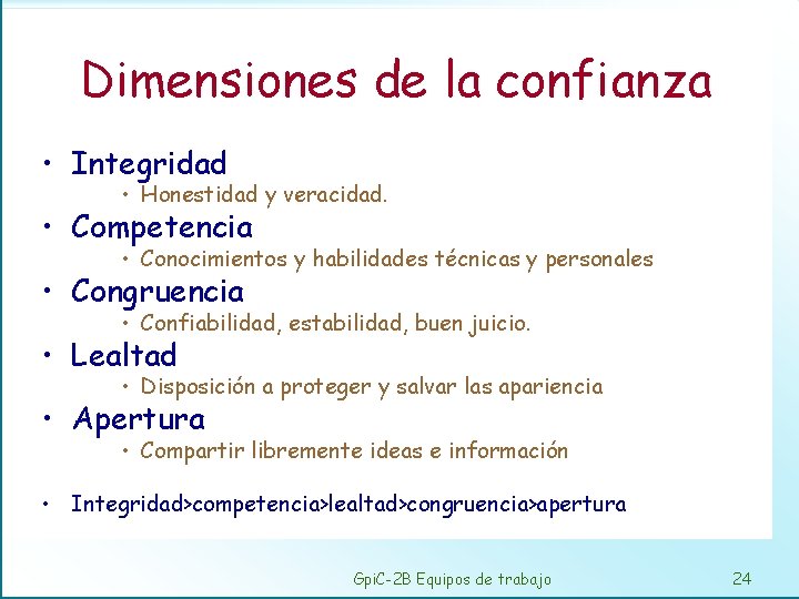 Dimensiones de la confianza • Integridad • Honestidad y veracidad. • Competencia • Conocimientos