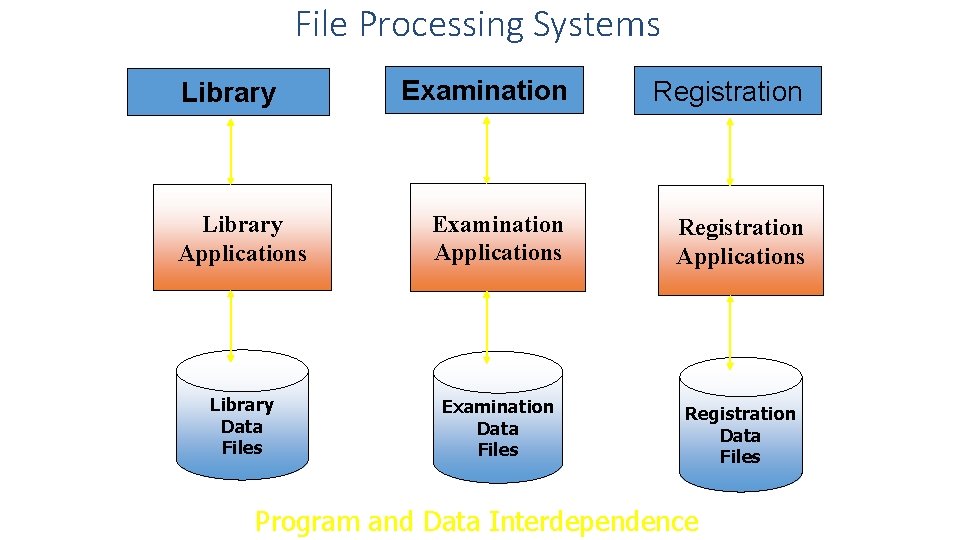 File Processing Systems Examination Registration Library Applications Examination Applications Registration Applications Library Data Files File Processing Systems Examination Registration Library Applications Examination Applications Registration Applications Library Data Files