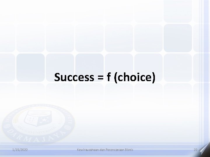 Success = f (choice) 1/15/2022 Kewirausahaan dan Perencanaan Bisnis 22 