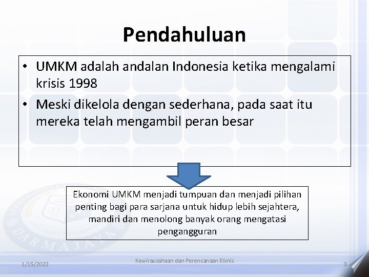 Pendahuluan • UMKM adalah andalan Indonesia ketika mengalami krisis 1998 • Meski dikelola dengan